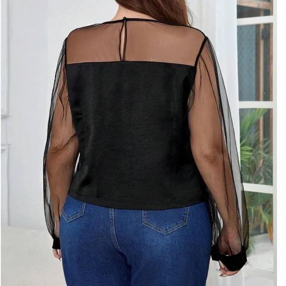 Plus Black Semi Sheer Long Sleeve top - Picture 2 of 5